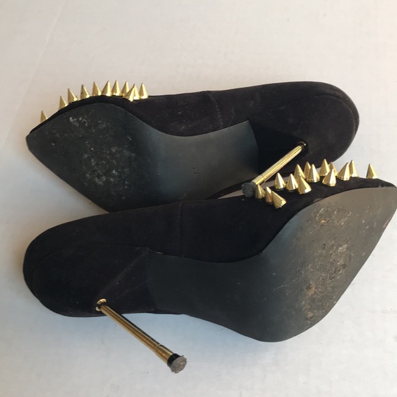 Penny Sue Black Faux Suede Shoe with Gold Spikes & Metallic 4.5 inch Heel - Picture 7 of 13